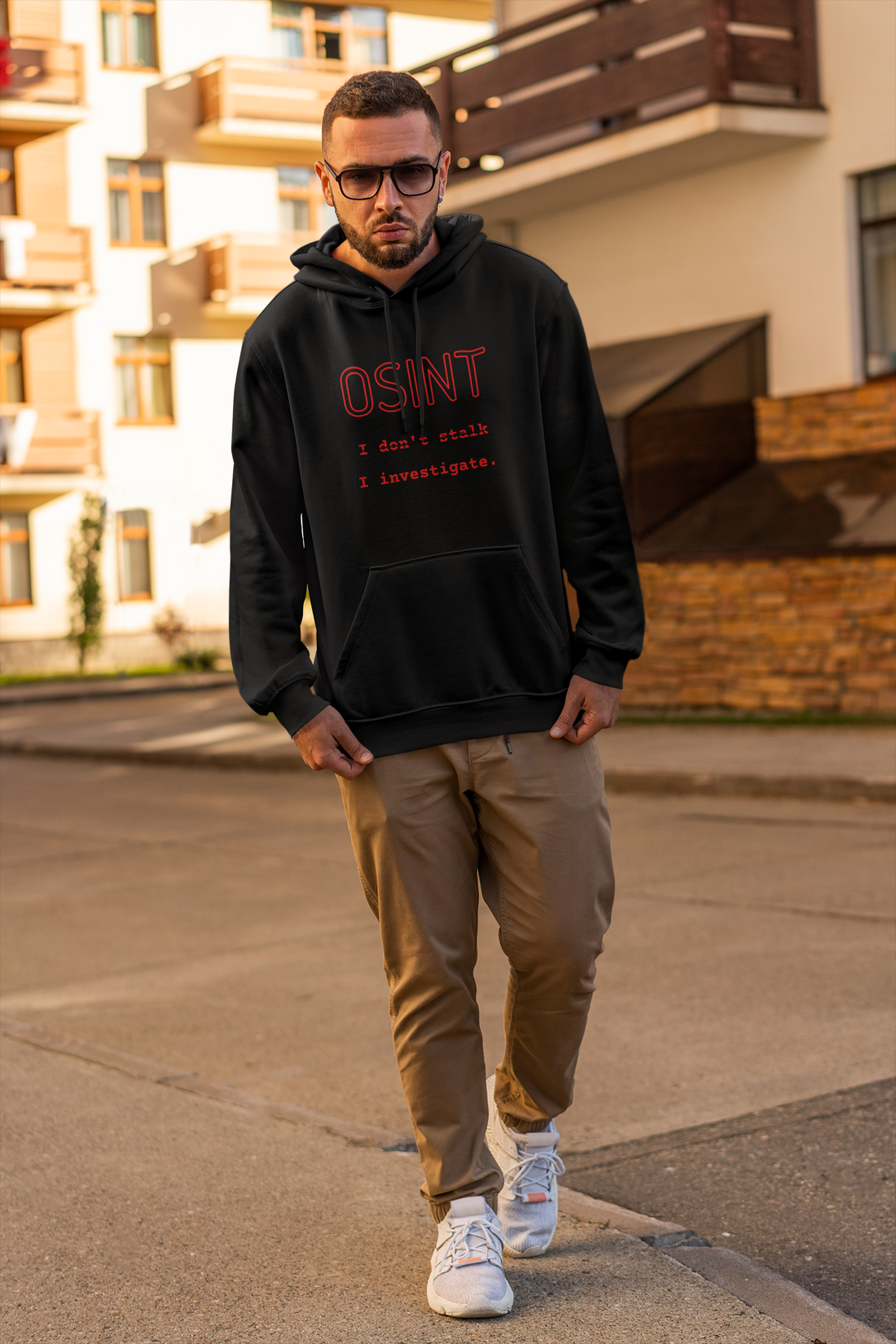 OSINT Hoodie by HackCloth worn on the street